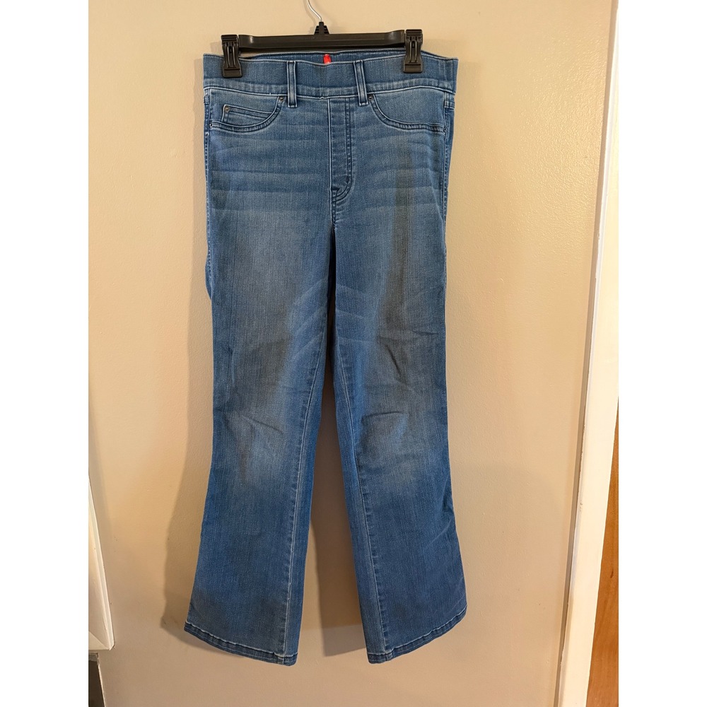 Spanx Flare Jeans Medium Wash Blue Denim Pull On High Rise Size Medium Tall